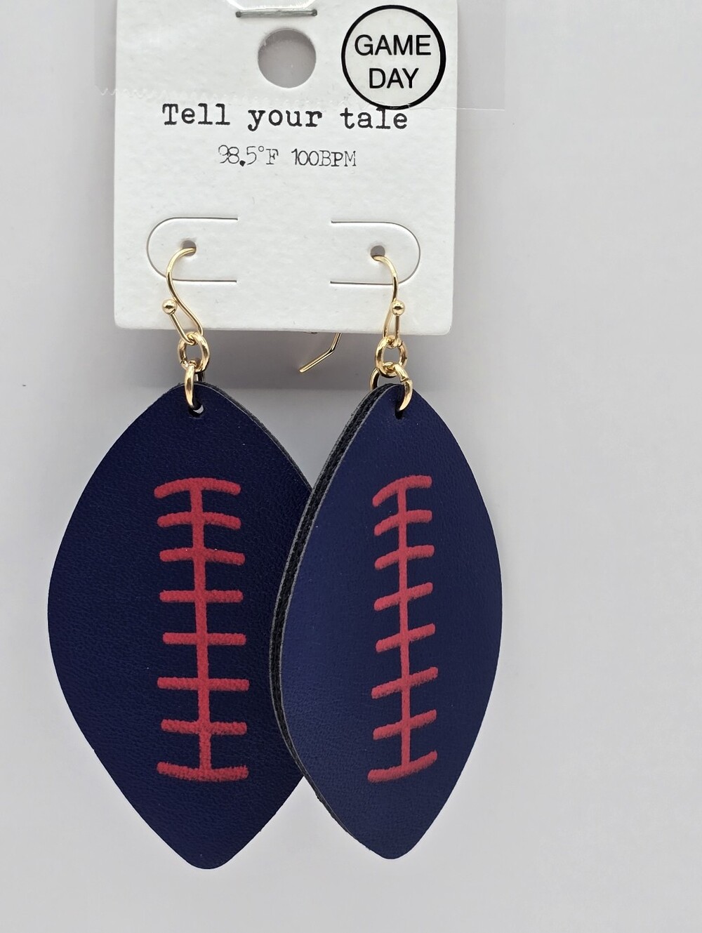 Game Day Navy and Red Football Faux Leather Drop Dangle Earrings